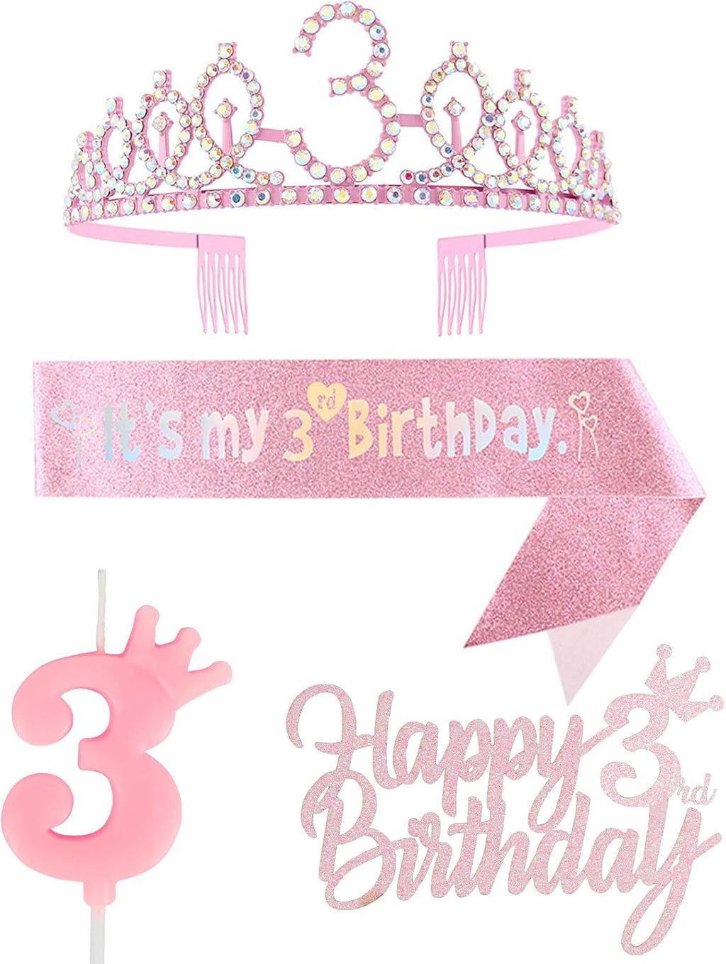 3rd Birthday Decorations for Girl, Including Crown/Tiara, Sash, Cake Toppers and Number 3 Candles, Pink Party Supplies for 3 Year Old Girl's Birthday