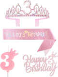 3rd Birthday Decorations for Girl, Including Crown/Tiara, Sash, Cake Toppers and Number 3 Candles, Pink Party Supplies for 3 Year Old Girl's Birthday