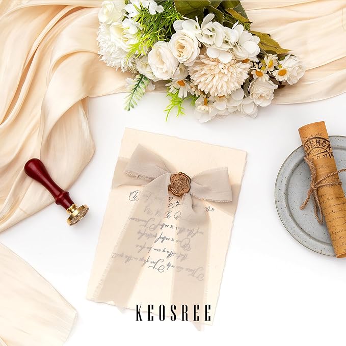 3 Rolls Light Nude Handmade Chiffon Ribbon,1.5" x 21Yd Light Khaki Frayed Fringe Silk Ribbons (3 Rolls *7Yd) for Gifts Wrapping, Wedding Invitations, Bridal Bouquets, Decorations