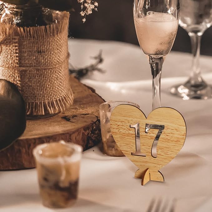 Heart Shape Wooden Table Numbers 1-20 With Holder Base - Rustic Hollow Out Wood Cards for Wedding, Party, Event Decoration