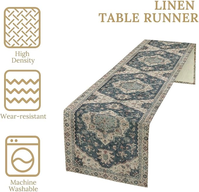 Boho Bohemia Style Table Runner, Vintage Blue Retro Flower Rustic Country Style Floral Print Pattern for Home Kitchen Table Decor Dining Coffee Room Garden Party Decor 13x108in