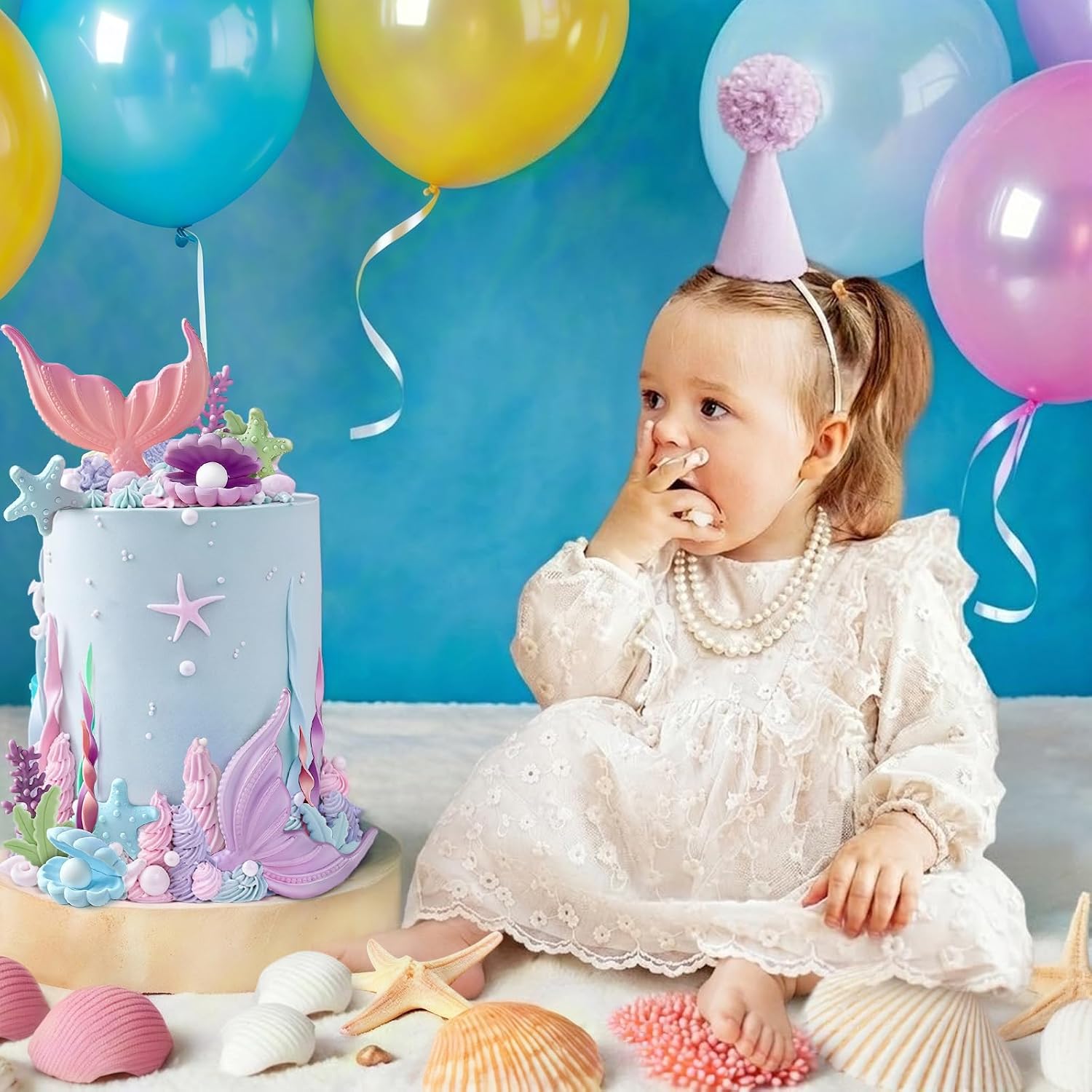 21pcs Mermaid Cake Topper - Mermaid Tail Cake Decorations with Seaweed Shells Starfish Coralal Under the Sea Cake Decorations for Birthday Party Decorations (Pink Purple)