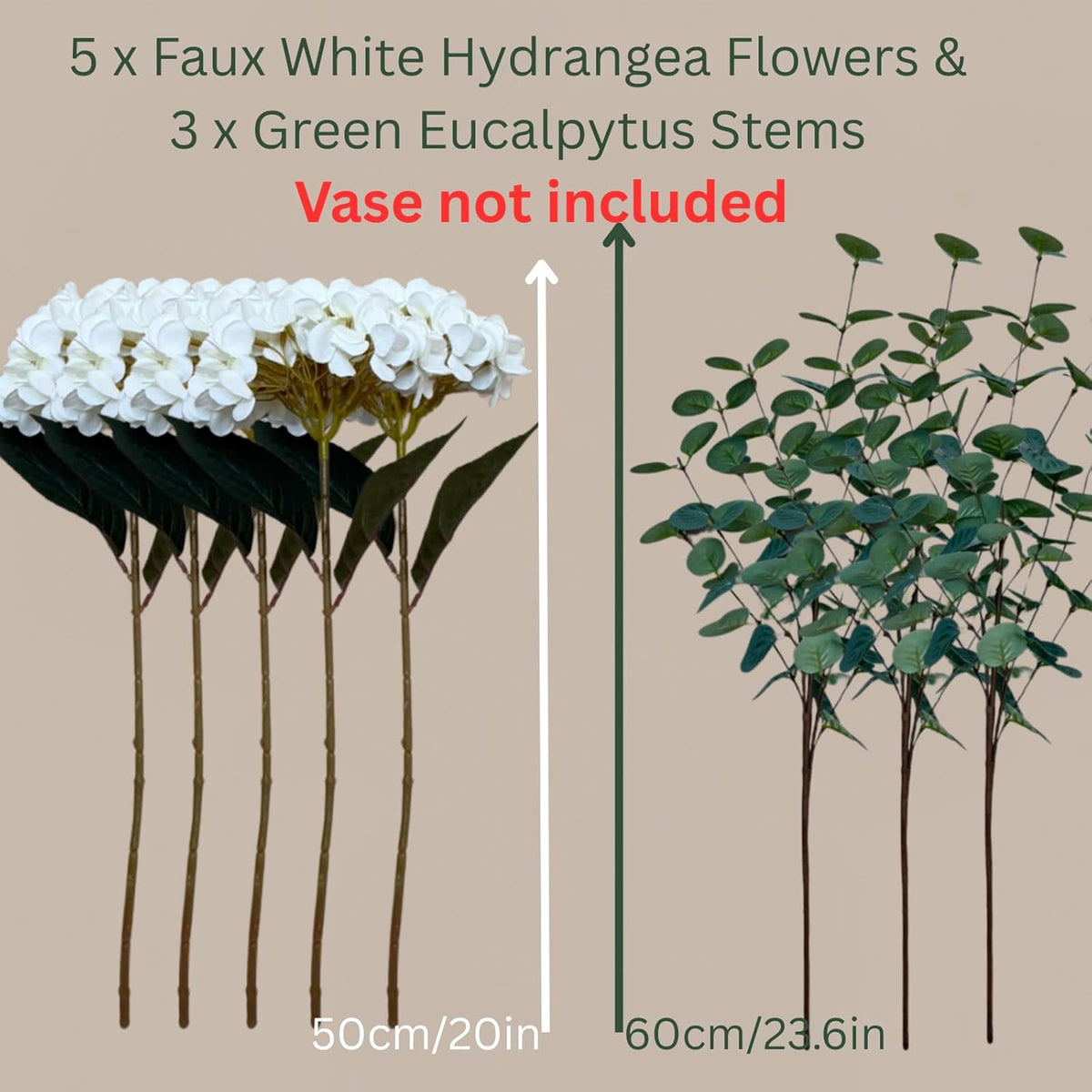 real touch white faux hydrangea and eucalyptus, floral showing dimensions