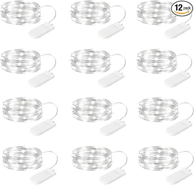 Fairy Lights Battery Operated String Lights - 12 Pack 7ft 20 LED Silver Wire Starry Light for Mason Jars DIY Picture Walls Shelves Arts Crafts Trees Branches Bedroom Wedding Party Decor(Pure White)