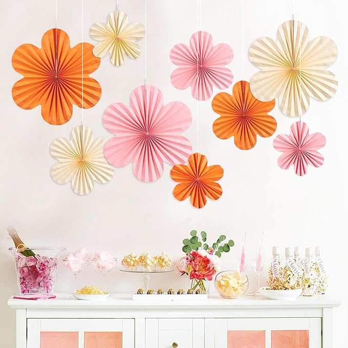 SUNBEAUTY Paper Flowers Decorations for Wall Paper Fans Classroom Decoration Paper Floral Backdrop Decor Paper Fans Decoration Hanging Paper Fans Orange Flower Wall Decor,Set of 9