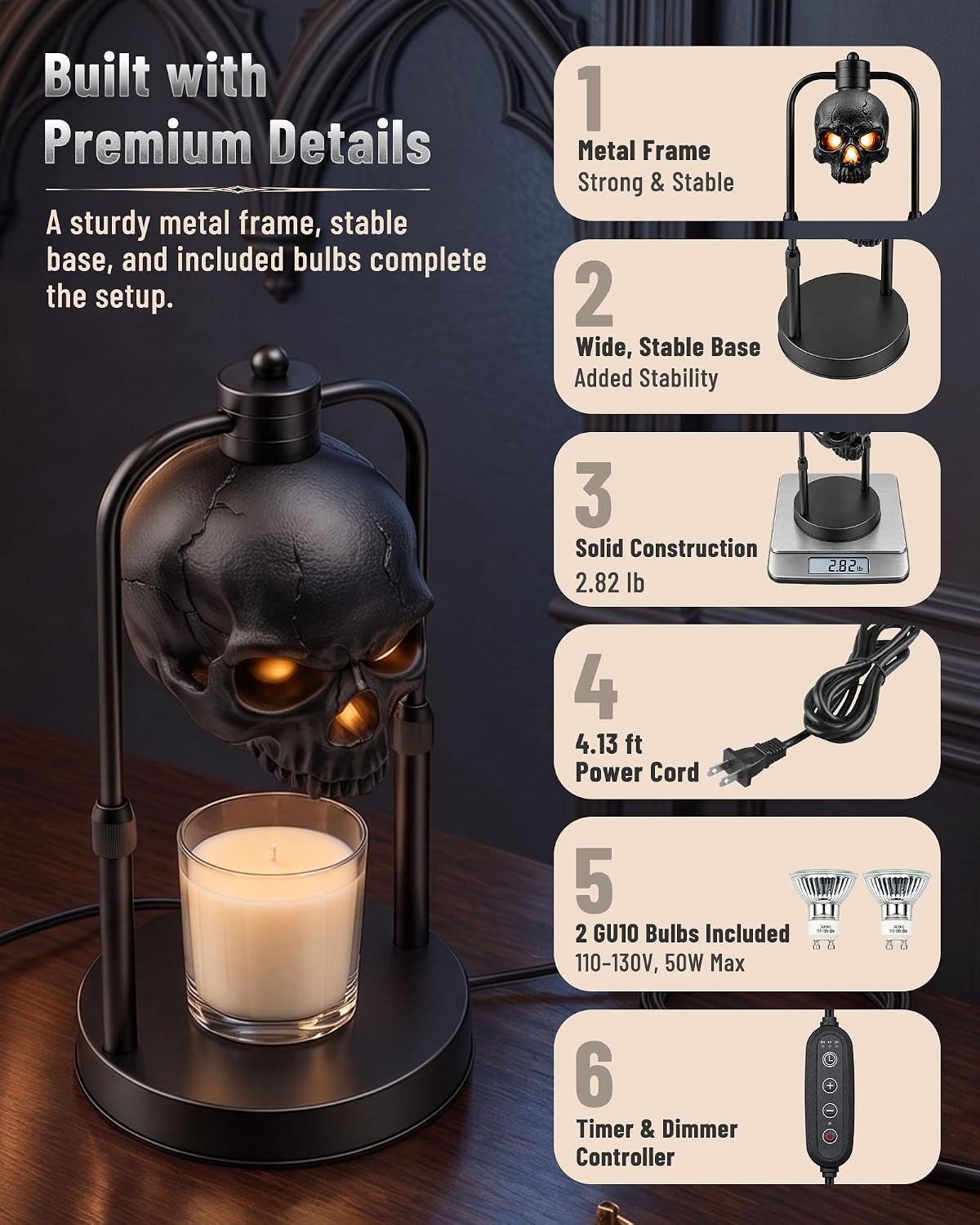 BOYISEN Skull Candle Warmer Lamp with Timer and Dimmer, Gothic Decor