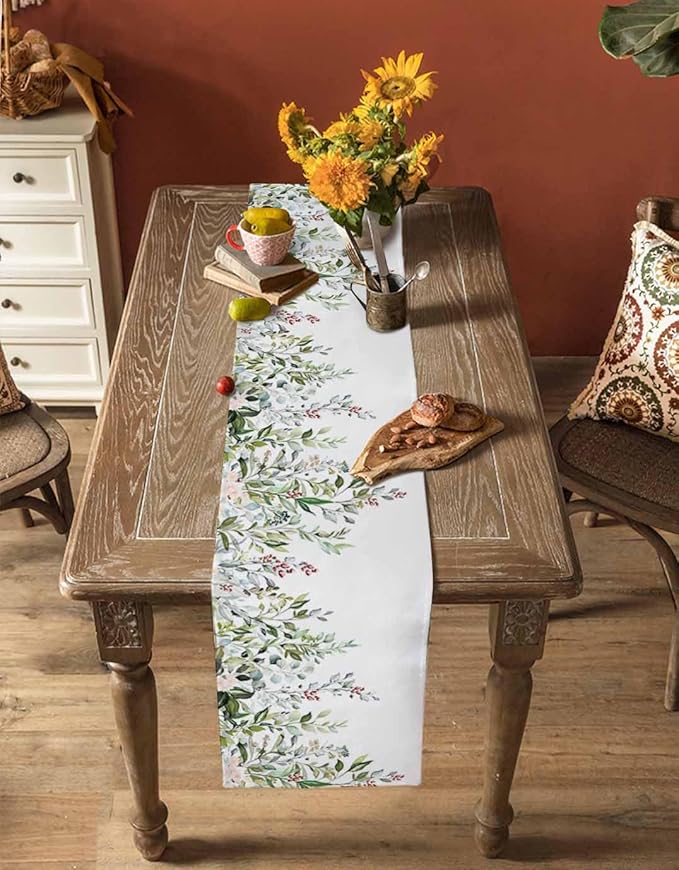 Botanical Eucalyptus Cotton Linen Table Runner for Dining Kitchen, Wedding Outdoor Party Tablerunners Decoration, Sage Green Leaves Elegant Floral Dresser Scarf Coffee Tablecloth Runners 13x72 Inches