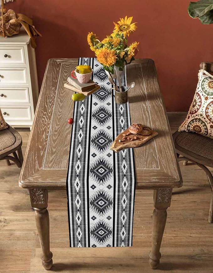 Aztec Southwest Cotton Linen Table Runner for Dining Kitchen, Wedding Outdoor Party Tablerunners Decoration, Boho Ethnic Tribes Vintage Grey Dresser Scarf Coffee Tablecloth Runners 13x48 Inches