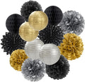 Black Gold Silver Party-Decorations Streamers-Lanterns - 14pcs Graduation 2025 Paper Fan,Tissue Flower Pom Poms Streamers,Honeycomb Balls,Men Birthday Wedding Baby Bridal Shower Decor Ouruola