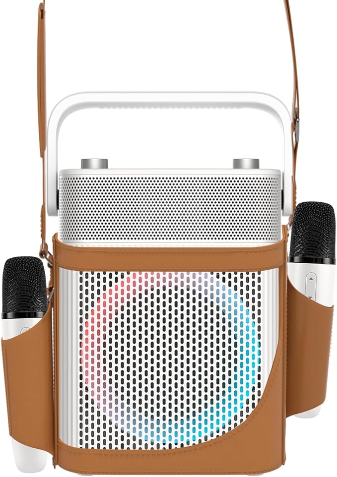 Karaoke Machine with 2 UHF Wireless Microphones with Leather Bag, IPX4 Waterproof Portable Bluetooth Speaker with Lights for Adults, Outdoor Karaoke Speaker Support Bluetooth/AUX/USB/PC (White)