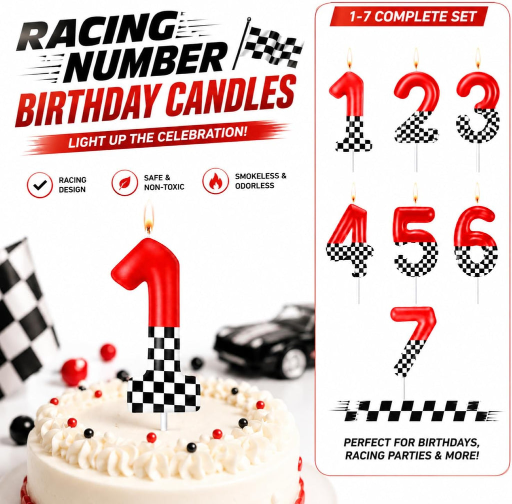 MTLEE Racing Car Themed Birthday Candle Number 1 Red and Checkered Candle Party Decoration Cake Topper for Race Car Party Supplies