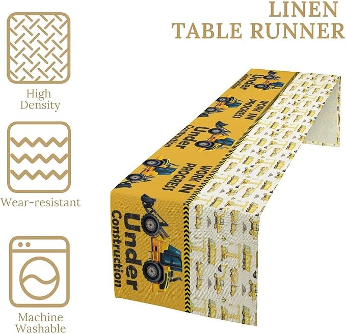 Cartoon Car Table Runner,Boys Kids Construction Vehicles Truck Yellow Print Tablecloth Burlap for Hotel Indoors Outdoor Dining Room Kitchen Home Decor,W13X L80 in