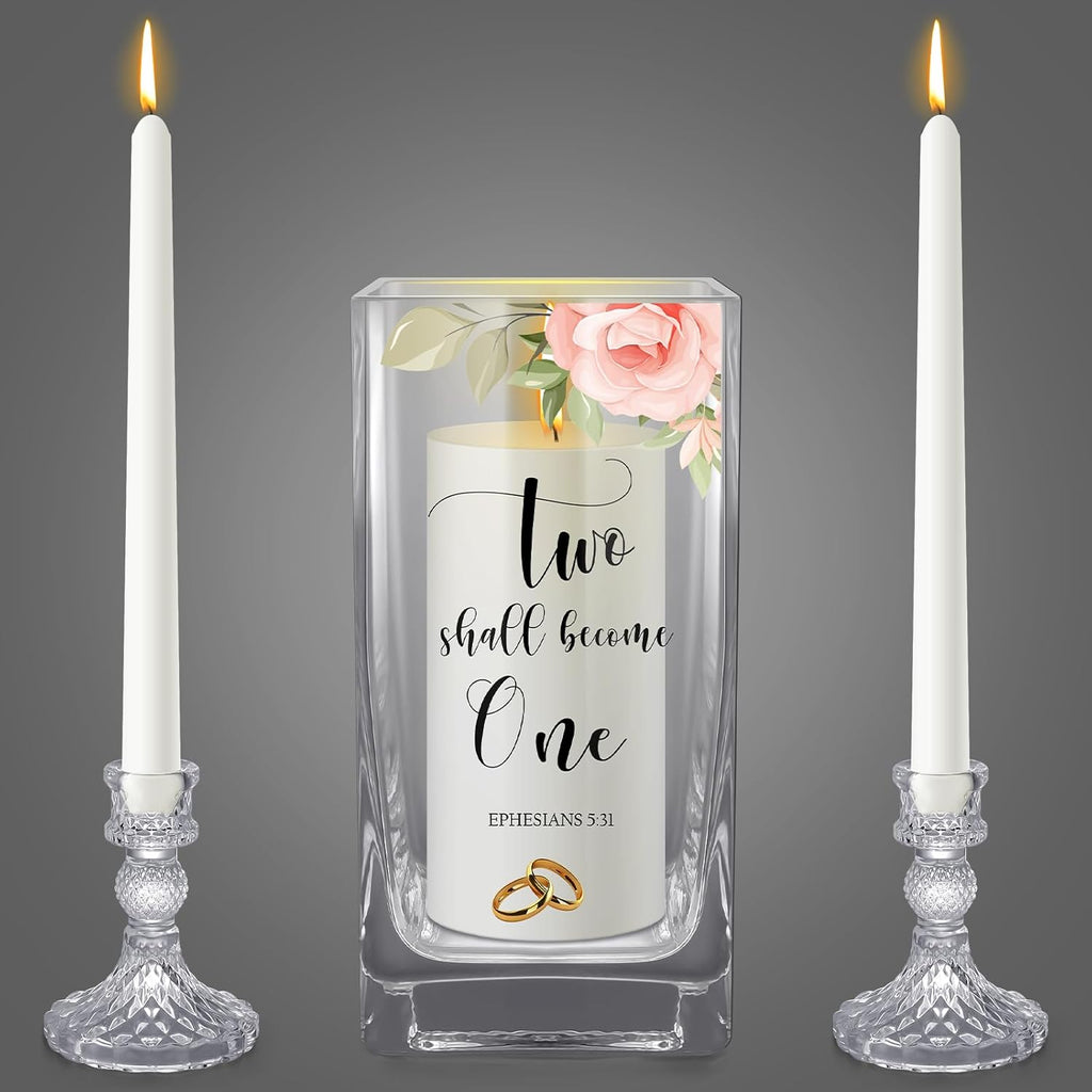 FoldTier Unity Candles with Holder for Wedding Ceremony Set 1 6" Pillar 2 9.8'' Taper Candles 3 Candlestick for Religious Formal Events Church(Flower)