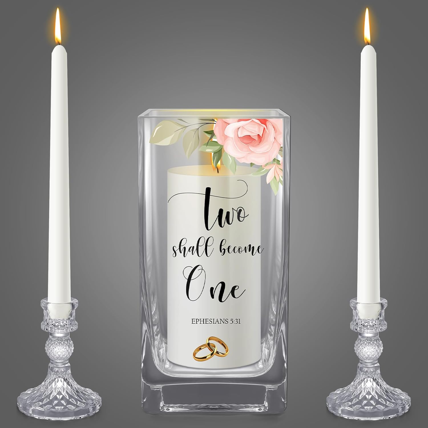 FoldTier Unity Candles with Holder for Wedding Ceremony Set 1 6" Pillar 2 9.8'' Taper Candles 3 Candlestick for Religious Formal Events Church(Flower)
