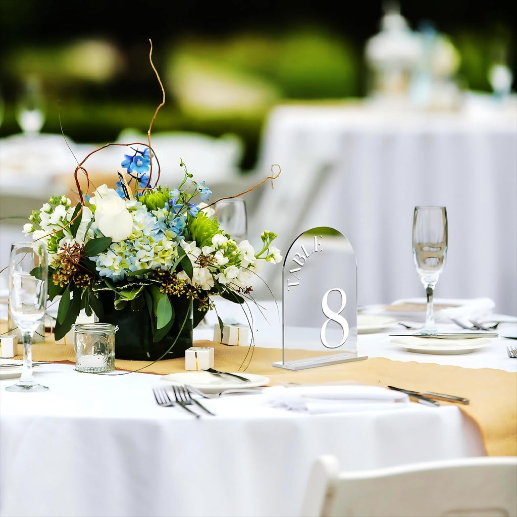 Mirror Arched Wedding Table Numbers 1-15 with Stands, 5"x7" Double-sided Letter, Acrylic Wedding Signs Centerpiece Decoration for Wedding Reception Party (Silver, Table Numbers 1-15)