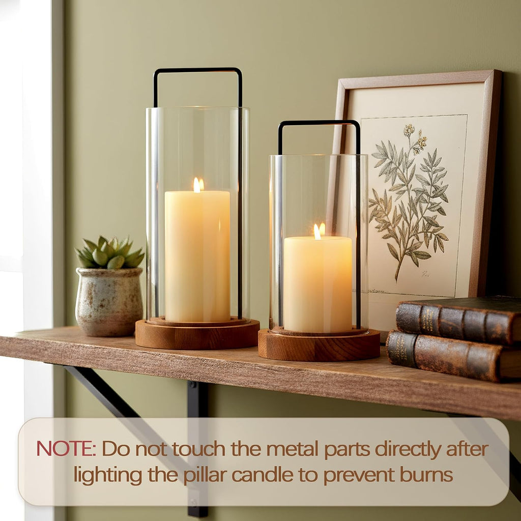 Houmury Set of 2 Hurricane Candle Holders Lantern 12” & 10”with Wood Base Metal Handle Glass Cylinder Modern Farmhouse Decor for Home Decoration, Table Centerpieces (Warm Amber Brown)