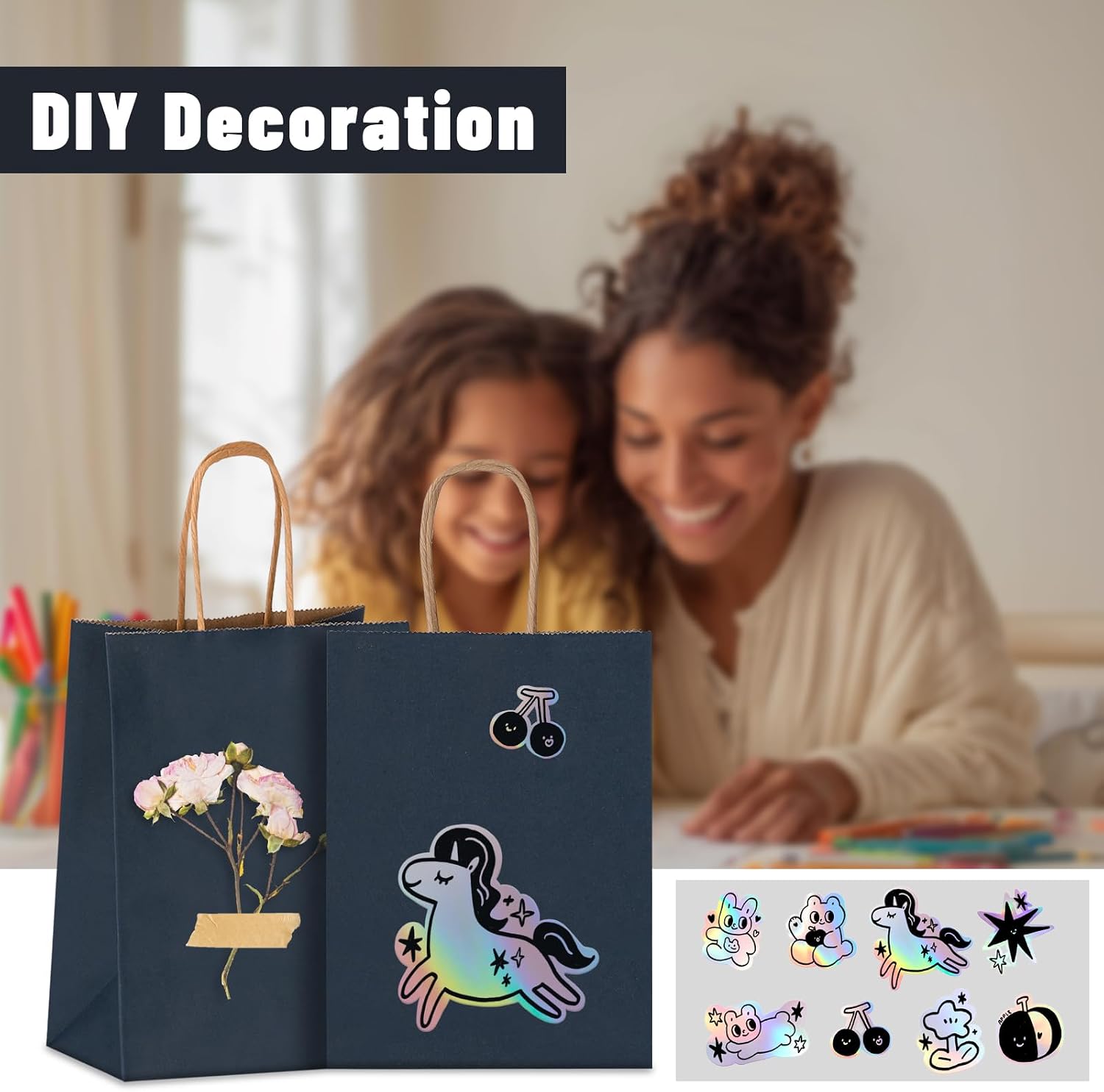 Joybe 100 Pack 5.95x3.25x8 Inch Small Navy Blue Paper Bags with Handles Bulk, Kraft Paper Gift Bags for Birthday Party Favors Grocery Retail Shopping Business Goody Merchandise Craft Blank Sacks