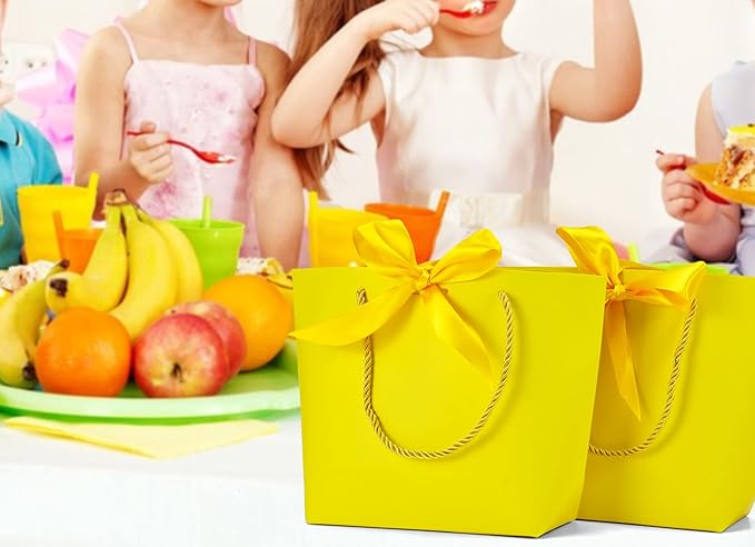 HUAPRINT Gift Bags with Handles,7.48×3.54×7.9 inches,Party Favor Bags with Bow Ribbon,12Pcs Yellow Paper Bags for Birthday Wedding Bridesmaid Present Celebration Holiday
