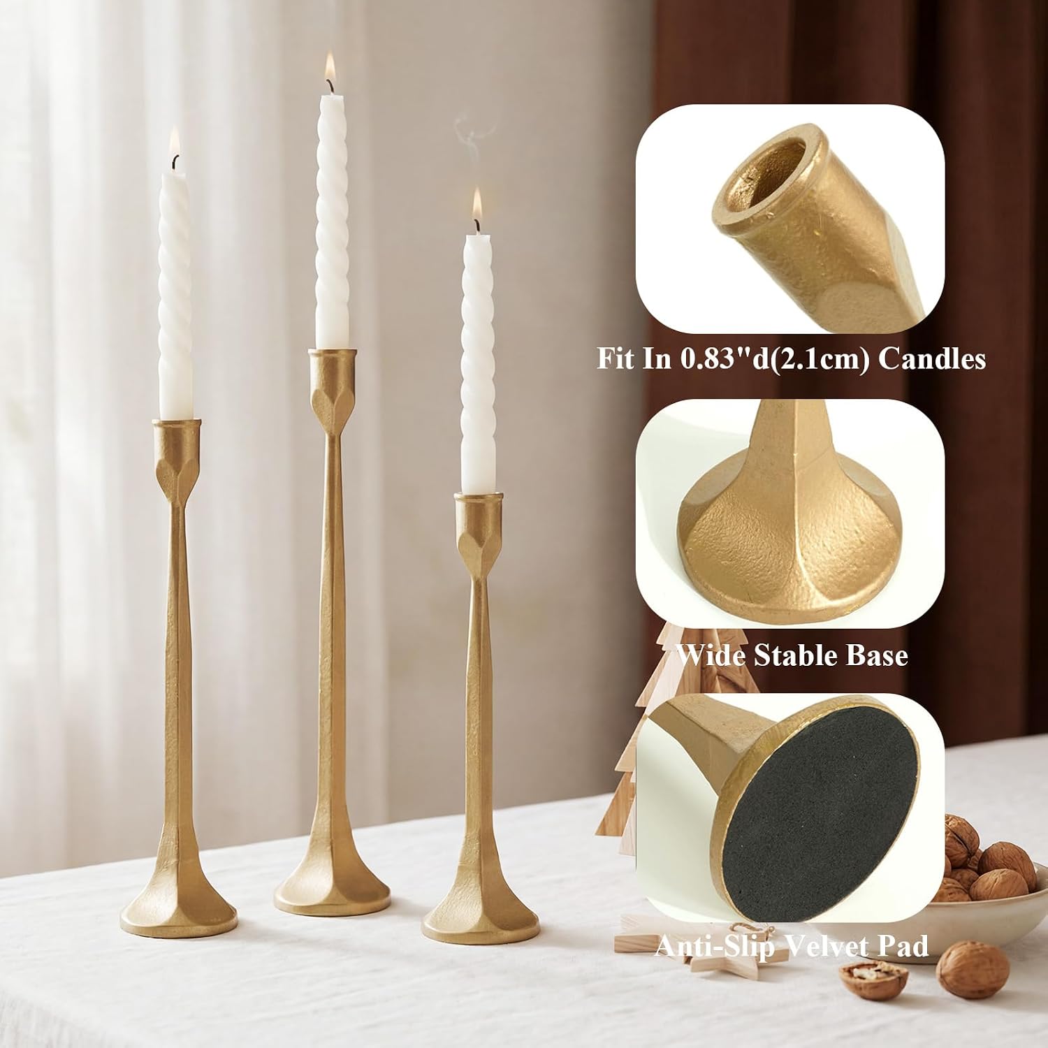 Gold Iron Taper Pillar Candle Holders Set of 3, Candlestick Holders Rustic Vintage Decorations, Tall Candle Stand for Home Decor Mantle Dining Coffee Table Outdoor Wedding-11.8"+13.8"+15.4"