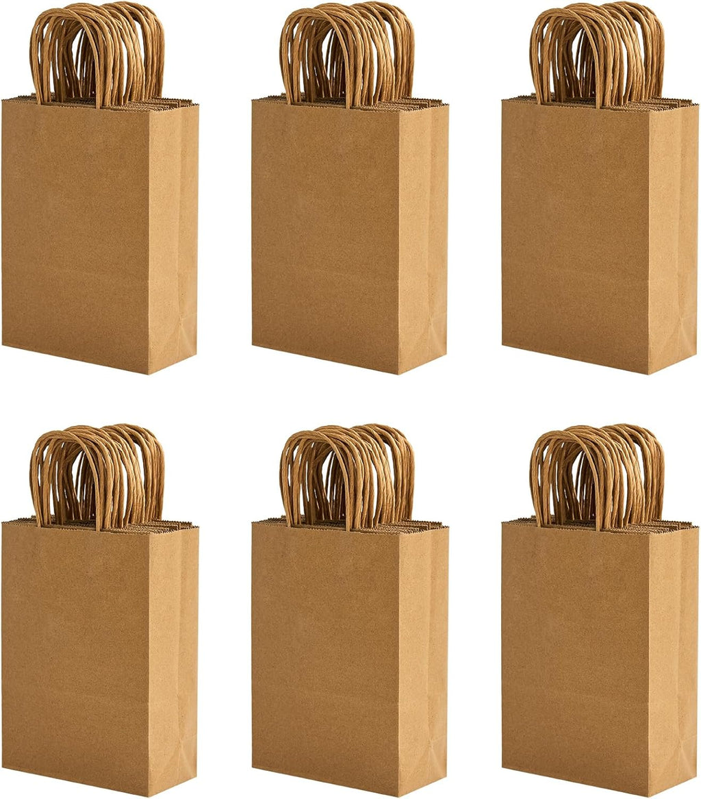 100 Pack 5.8x3.2x8.25 Inch Brown Kraft Paper Gift Bags with Handles - Bulk Small Plain Natural Bags for Birthday Party Favors, Grocery, Retail Shopping, Wedding, Craft, Goody, Takeouts, and Business