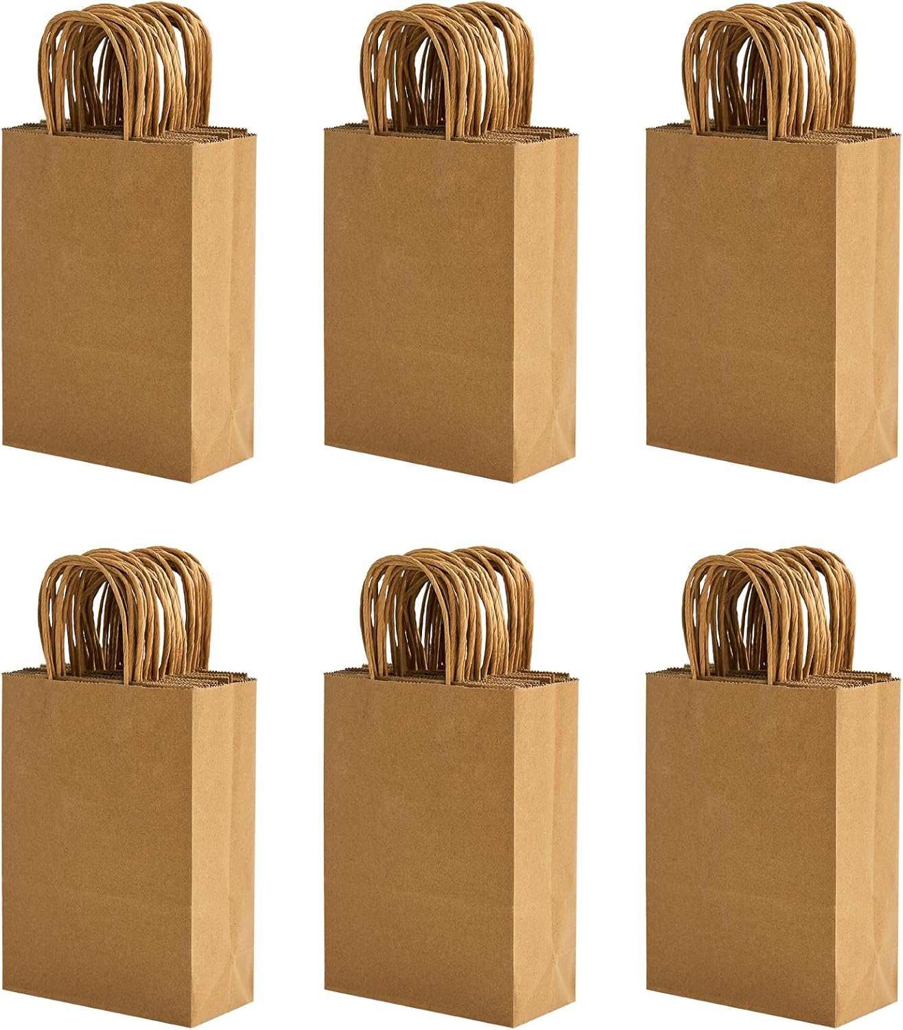 100 Pack 5.8x3.2x8.25 Inch Brown Kraft Paper Gift Bags with Handles - Bulk Small Plain Natural Bags for Birthday Party Favors, Grocery, Retail Shopping, Wedding, Craft, Goody, Takeouts, and Business