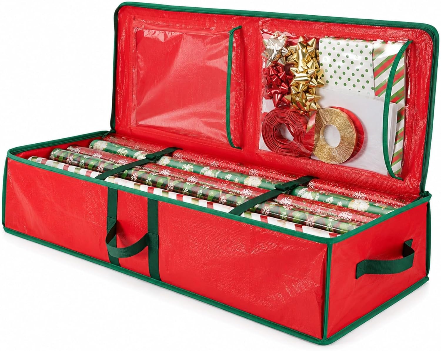 Gift Wrapping Paper Organizer Storage Bag, Wrapping Paper Storage Container Fits Up to 24 Rolls, Waterproof Holiday Gift Wrap Holder with Interior Pockets for Bows, Ribbons & Tags(104×36×16cm) (Red)