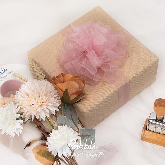 Ribbli Rose Pink Sheer Organza Ribbon,1-1/2 Inches x Continuous 50 Yard Use for Gift Wrapping,Bouquet Wrapping,Wedding Decoration,All Crafting and Sewing