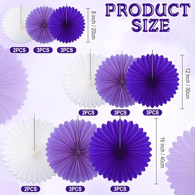 24 Pcs Purple and White Paper Fans Purple Party Decorations Classroom Decor Wall Background Ceiling Hanging Decoration for Birthday Wedding Baby Bridal Shower Engagement Party Decor