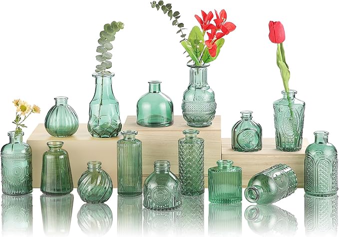 Bud Vases in Bulk 15 Pcs,Small Glass Vases for Flowers as Wedding Centerpieces for Tables,Clear Flower Vases Suitble for Wedding Decorations,Christmas,Anniversary,Birthday Party (Dark Green)