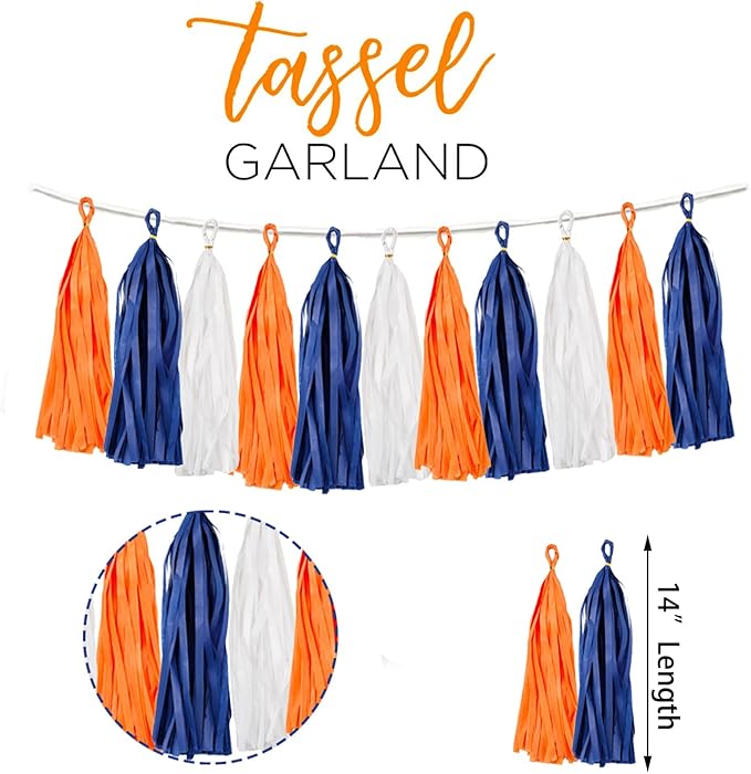 15PCS Navy Blue Orange White DIY Party Tassel Garland Paper Banner Streamer Backdrop for Graduation Astros Birthday Wedding Baby Shower Nursery Classroom Garland Tassel Hanging Decoration (Pack of 2)