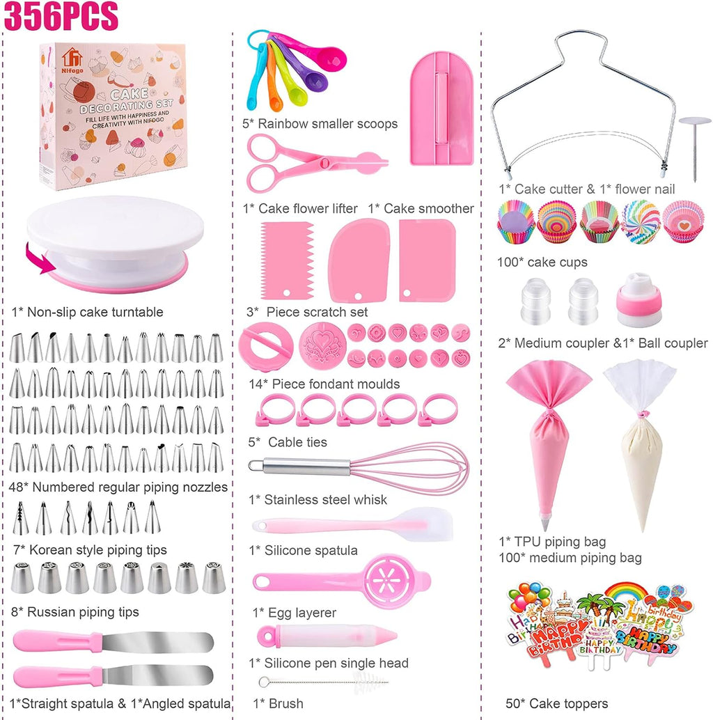Cake Decorating Supplies Kit Tools 356pcs, Nifogo Baking Accessories with Cake Turntable, Pastry Piping Bag, Piping Icing Tips for Beginners