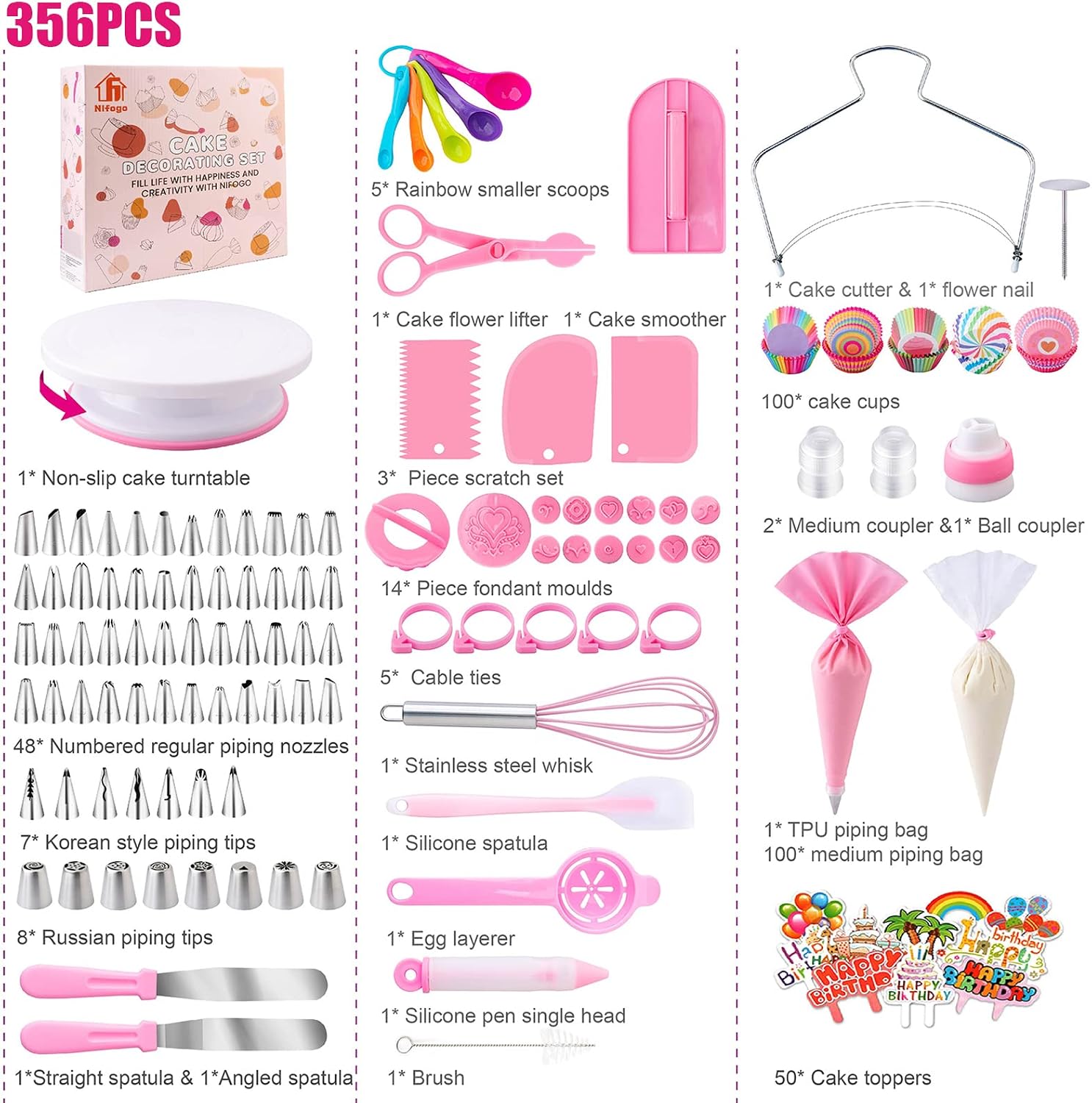 Cake Decorating Supplies Kit Tools 356pcs, Nifogo Baking Accessories with Cake Turntable, Pastry Piping Bag, Piping Icing Tips for Beginners