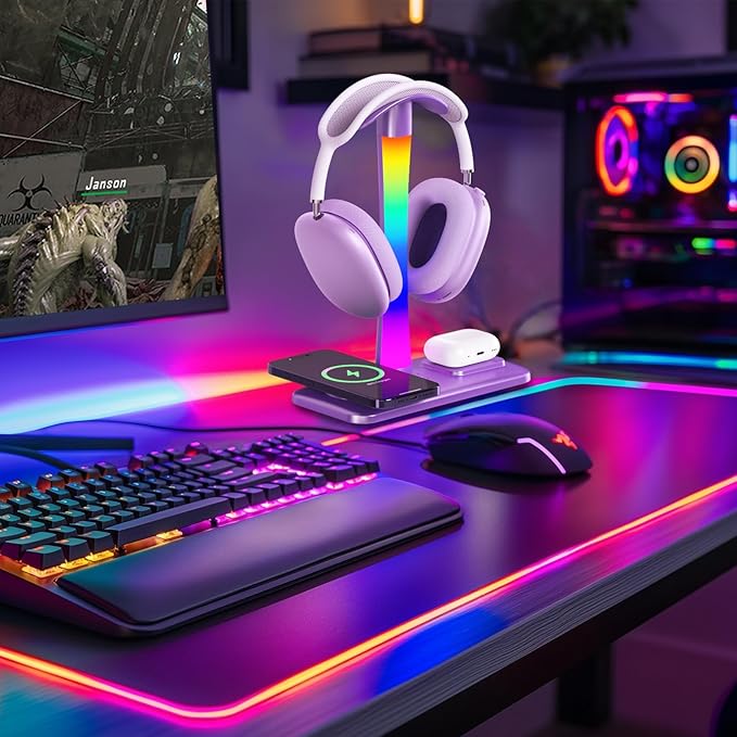 Headphone Stand with Wireless Charger,Gaming Headset Stand with RGB Light Mode,Airpod Max Stander Compatible with Airpod Pro/3/2,iPhone 16/15/14/13/12/11,Gifts for Gamers & Music Lover (Purple)