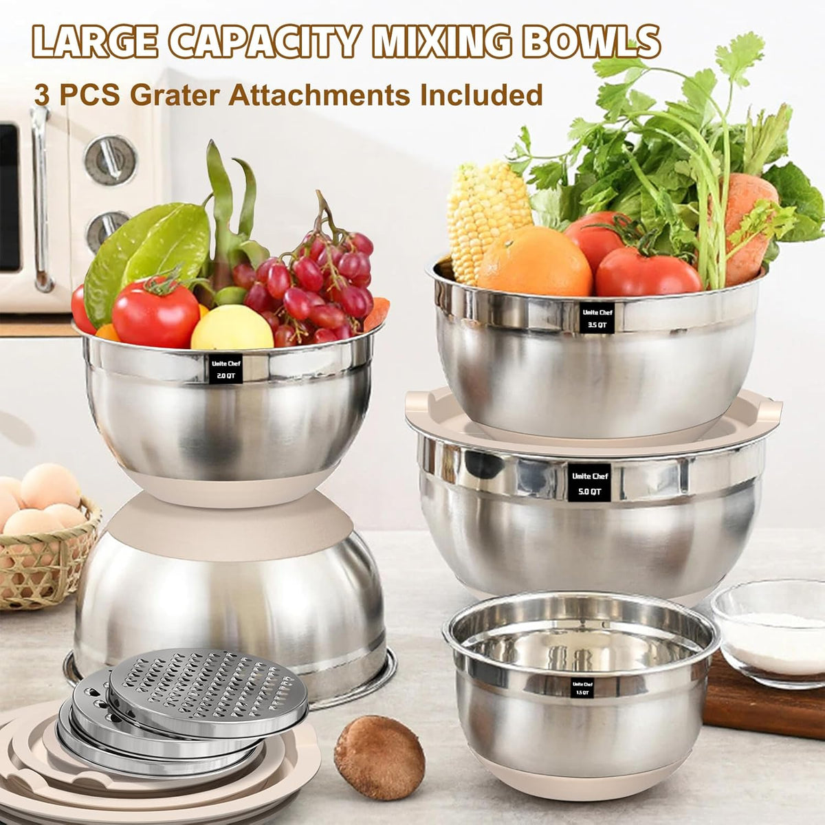Umite Chef Mixing Bowls with Airtight Lids Set, 8PCS Stainless Steel Nesting ...