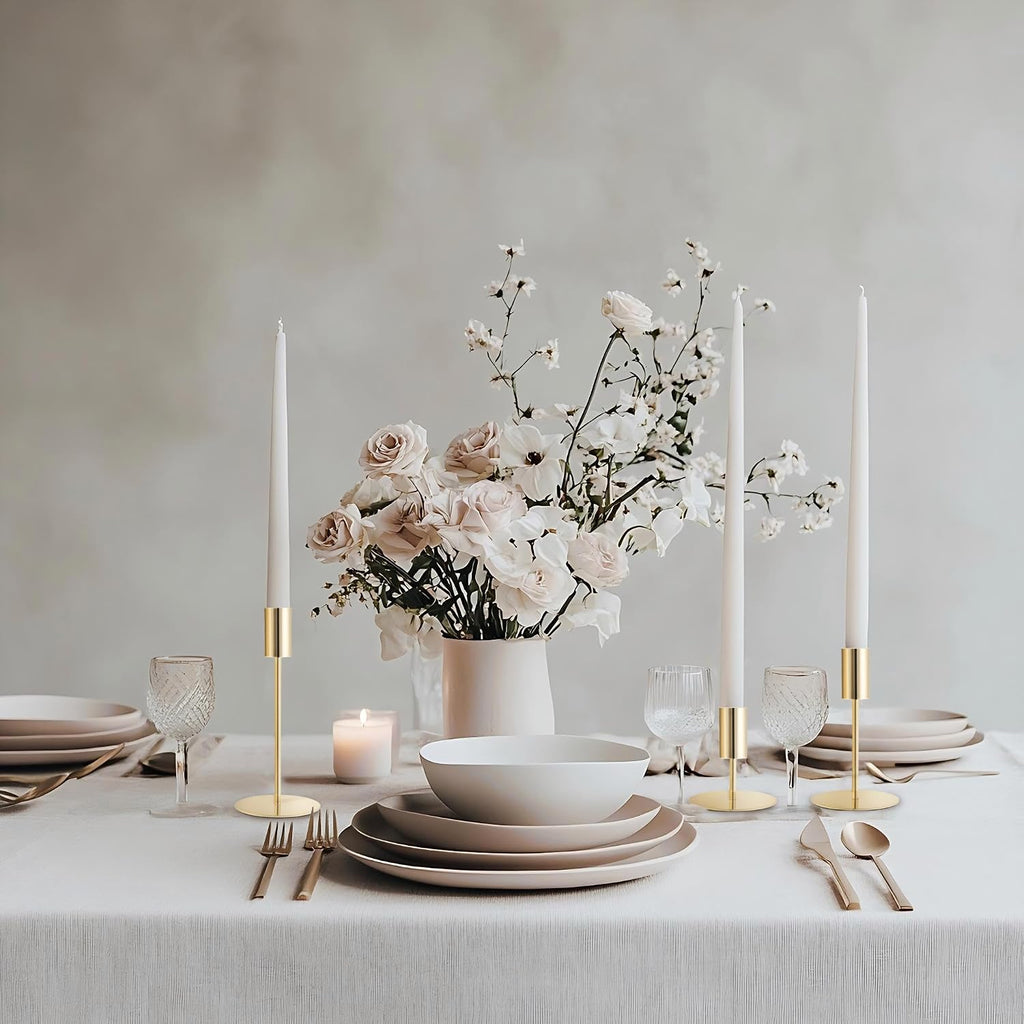 Gold Candlestick Holders, Taper Candle Holders, Set of 6, 3 Heights | Modern metal table decor with stable round bases for wedding centerpieces, dining tables, mantels, parties, and home decor