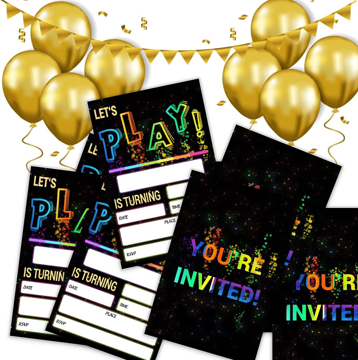 Glow Let's Play Birthday Party Invitations For Boys Girls, Neon Party Invites For Kids, Double Sided Design(20 Cards + Envelopes)