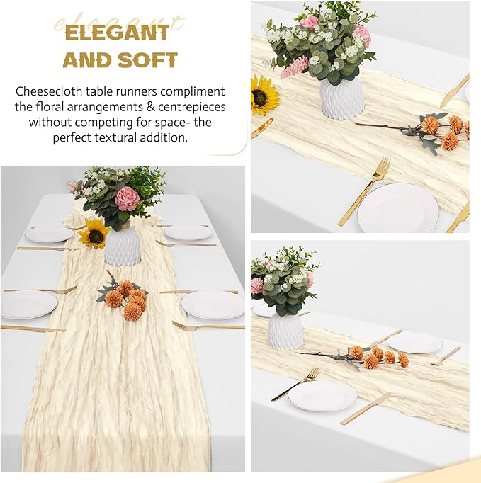 Aktor 12 Pack Ivory Table Runner Boho Cheesecloth Table Runner Semi Sheer Gauze Fabric Runners for Wedding Birthday Baby Shower Party Boho Table Decoration（Ivory）