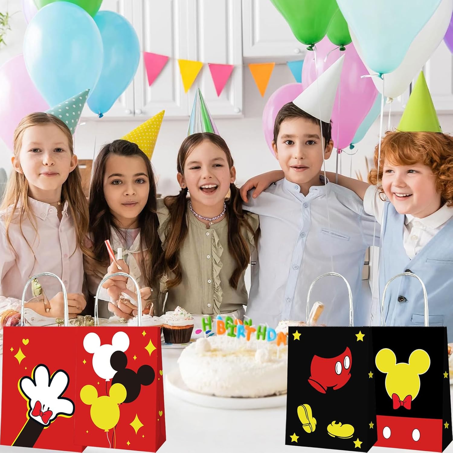 EBWHOLE 12 Pcs Cute Mouse Party Favor Bags, Cartoon Birthday Party Supplies Including 4 Patterns Double Sided Printed Candy Goodie Treat Bags with Handl (A)