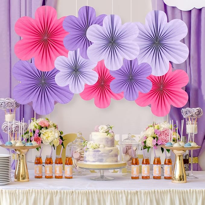 Paper Flowers Decorations for Wall Purple Paper Fans Classroom Decoration Floral Backdrop Decor Fans Hanging Pink Flower Wall Decor, Set of 9
