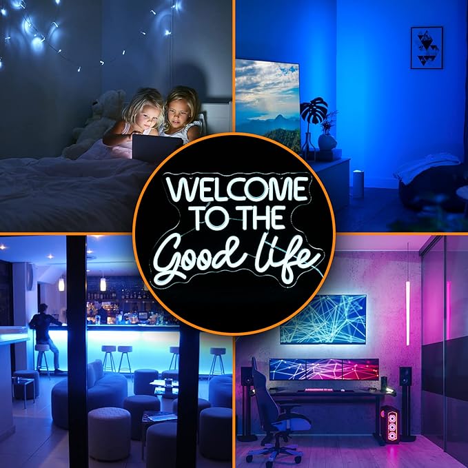 Welcome To The Good Life Neon Sign Letter LED Neon Lights Dimmable USB Powered 16.5’’X11’’Cool Wall Decorative Light Bedroom Kids Room Birthday Party Bar Decoration Gifts for Friend（Ice blue）