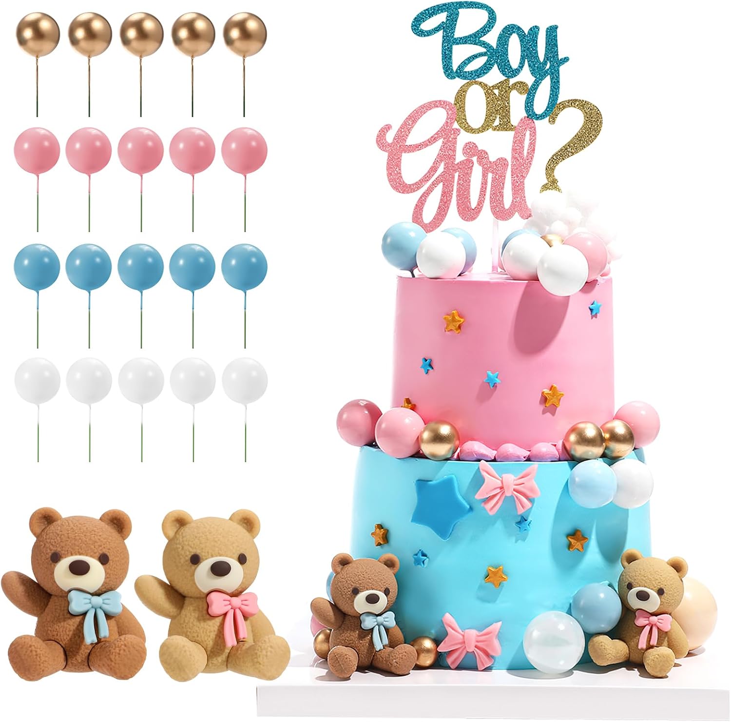 23 PCS Gender Reveal Cake Toppers, Bear Cake Decoration Set | Boy or Girl Gender Reveal Baby Shower Party Supplies