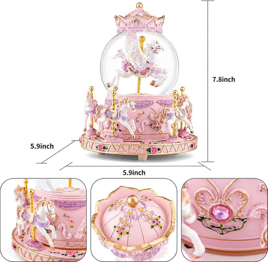 Unicorn Carousel Snow Globe Music Box, Plays You are My Sunshine, Rotating Horse Musical Snow Globe Gift for Daughter Girls Women, Birthday Christmas for Wife Sister Friend