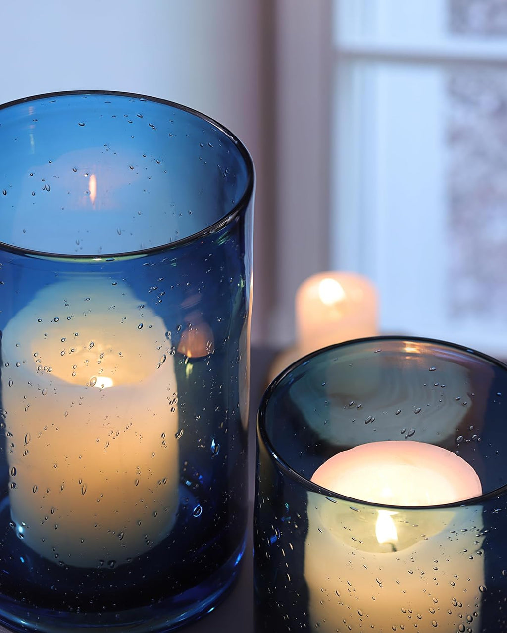 Large Hurricane Candle Holder Set of 3 Blue Candle Holders for Pillar Candles, Seeded Bubbles Glass Candle Holder, Blue Glass Cylinder Vases for Table Centerpieces, Home, Patio and Wedding 10"7"4"H