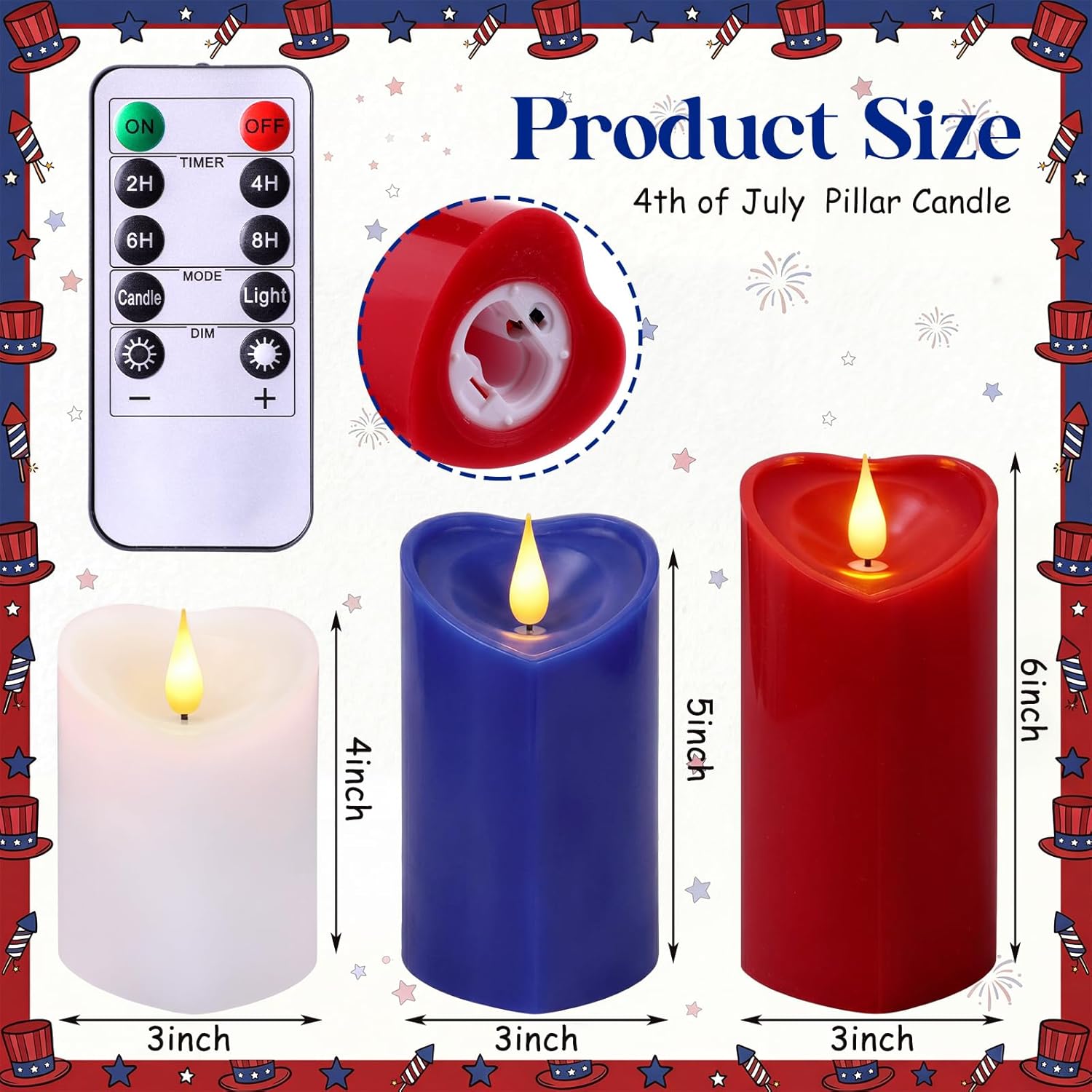 Retisee 3 PCS 4th of July Pillar Candle - 4" 5" 6" LED Battery Operated Flameless Candle with Remote for Independence Day Home Party Decoration Gift