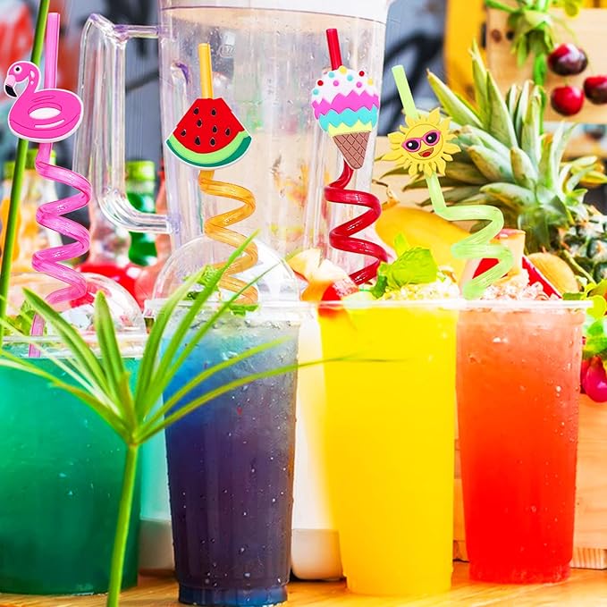 Summer Reusable Drinking Straws 24 Packs Pool Party Decorations Beach Fruit Party Favors Hawaiian Tropical Straws Goodie Bag Gifts for Birthday Party Supplies with 2 Cleaning Brushes