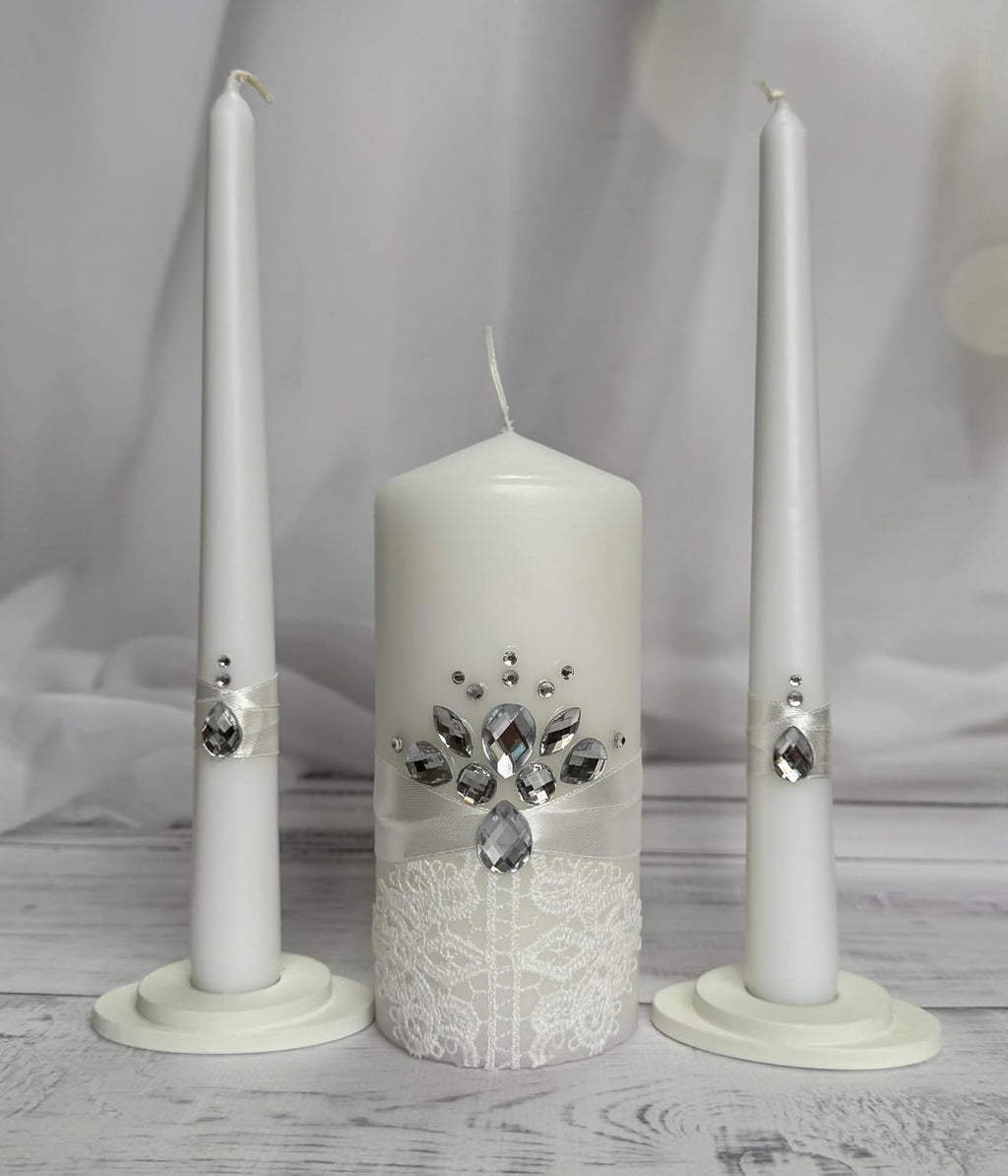 Unity Candle Set - Wedding Ceremony & Reception – 6” Pillar & Two 10” Taper Candles – Long Burning Unity Candles for Marriage Ritual – Handmade in USA – White|Cristal|Lace