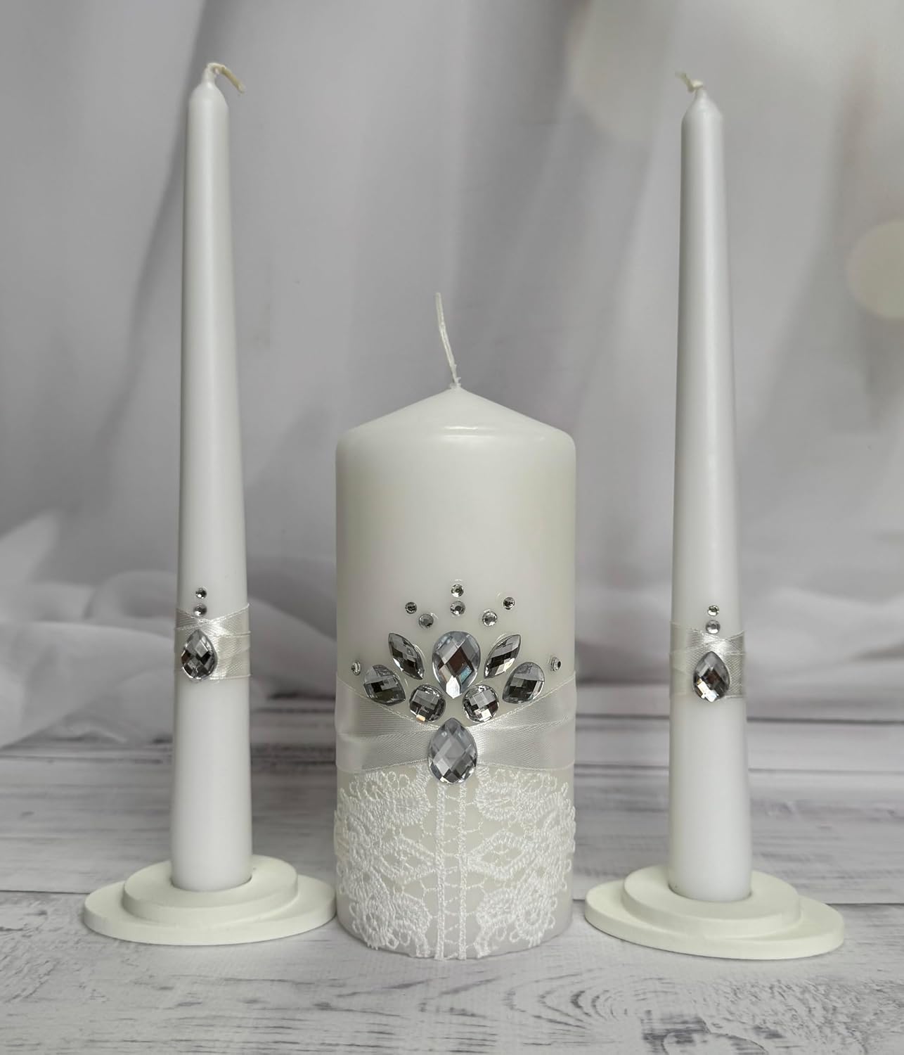 Unity Candle Set - Wedding Ceremony & Reception – 6” Pillar & Two 10” Taper Candles – Long Burning Unity Candles for Marriage Ritual – Handmade in USA – White|Cristal|Lace