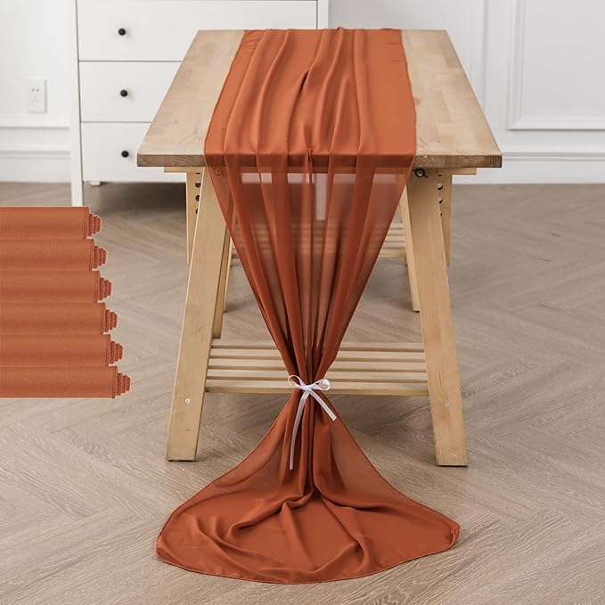 6Pack 9ft Chiffon Table Runner 14x108 Inch Sheer Romantic Table Runner for Wedding Birthday Party Bridal Shower Outdoor Decoration-Rust