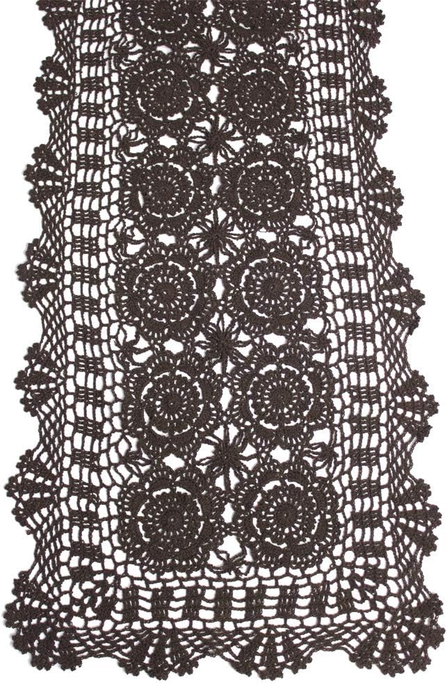 KEPSWET Cotton Handmade Crochet Lace Table Runner Dark Brown Rectangle Coffee Table Dresser Decor (14x60 inch)