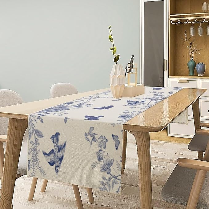 Monochrome Sketch Flowers Bird Table Runner, Seasonal Spring Fall Plants Blue Florals Dinner Runner for Home Kitchen Dining Table Party Holiday Decoration 13"x90"